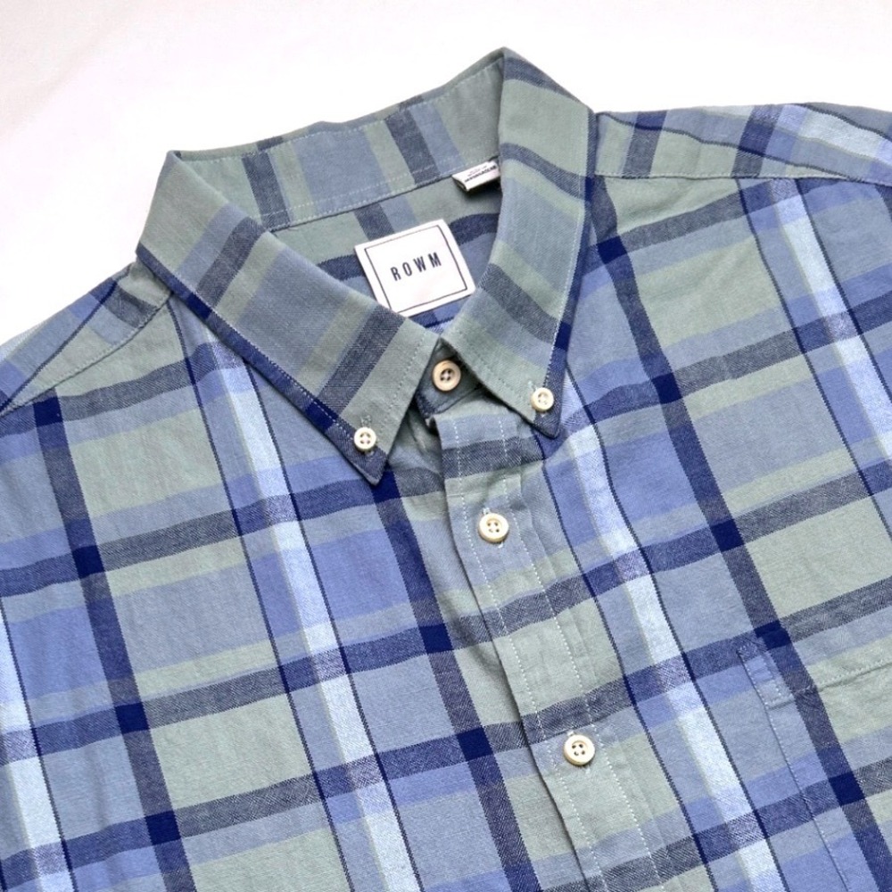 ROWM Mens Button Down Shirt Blue Green Size XL Short Sleeve Plaid Cotton Casual